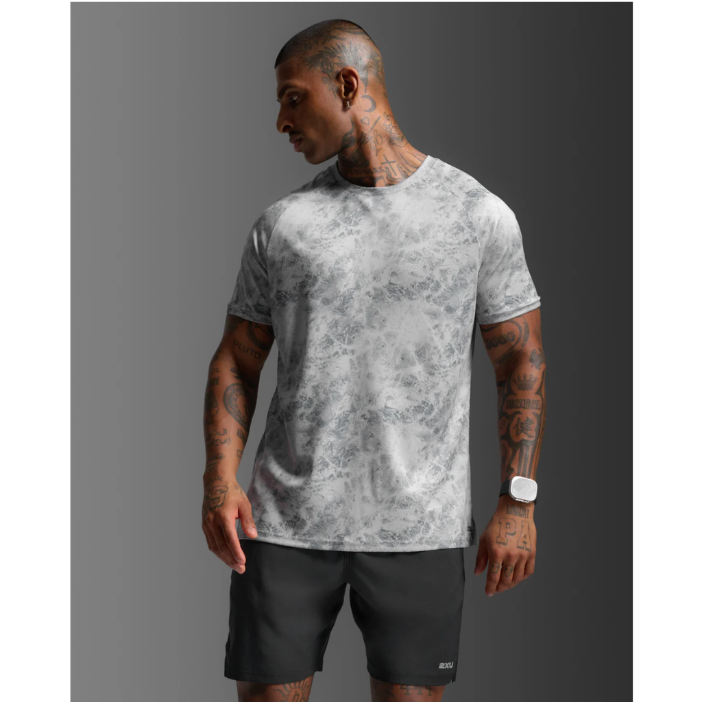 2XU Aero Mesh Tee Mens APPAREL - Mens T-Shirts WEATHERVANE MARBLE/BLACK REFLECTIVE