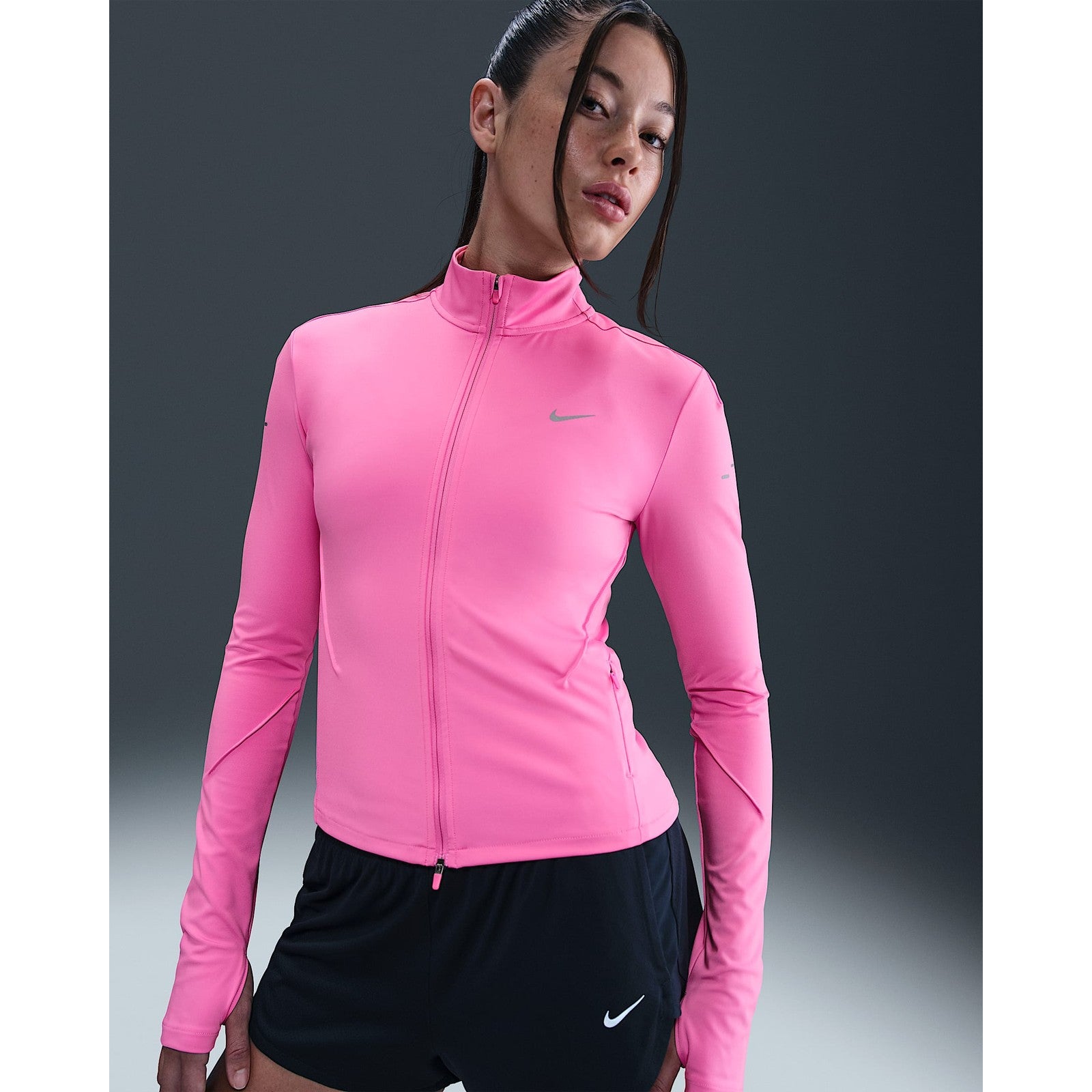 NIKE Dri-FIT Full-Zip Mid-Layer Running Top Women's APPAREL - Womens Long Sleeve Tops PLAYFUL PINK/REFLECTIVE SILVER