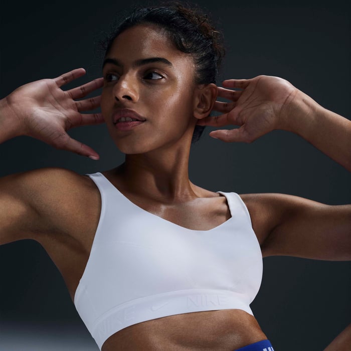 NIKE Indy High-Support Sports Bra Womens APPAREL - Womens Bras WHITE/STONE MAUVE/WHITE