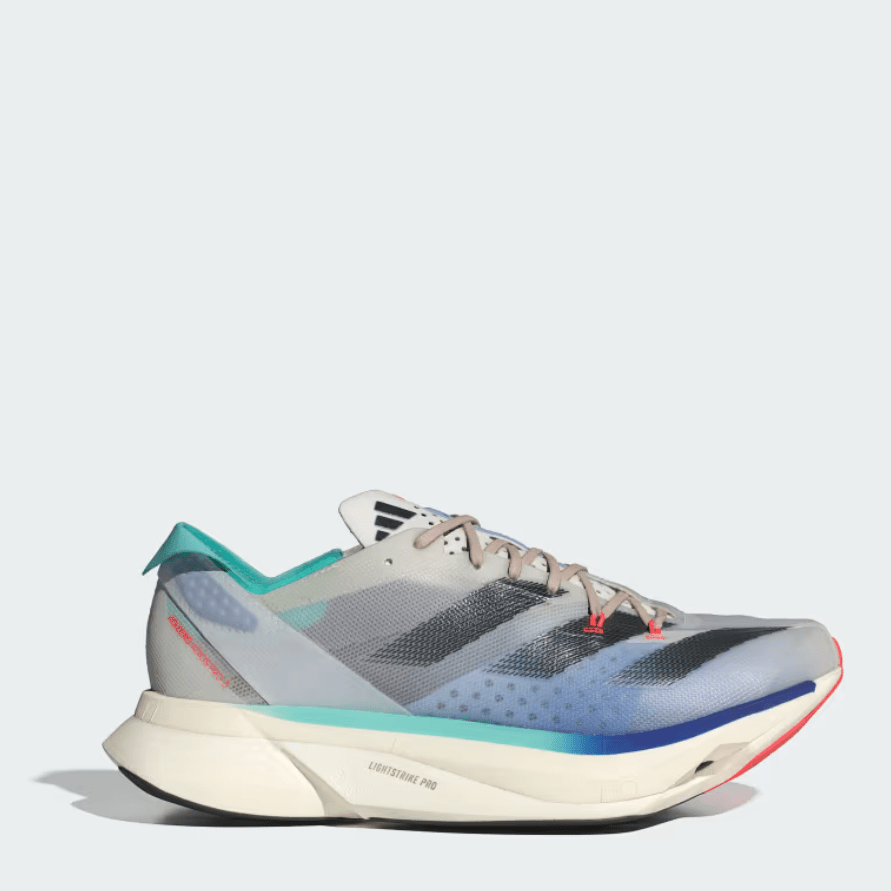 ADIDAS Adizero Adios Pro 3 Mens FOOTWEAR - Mens Carbon Plate OFF WHITE/AURORA INK/FLASH AQUA