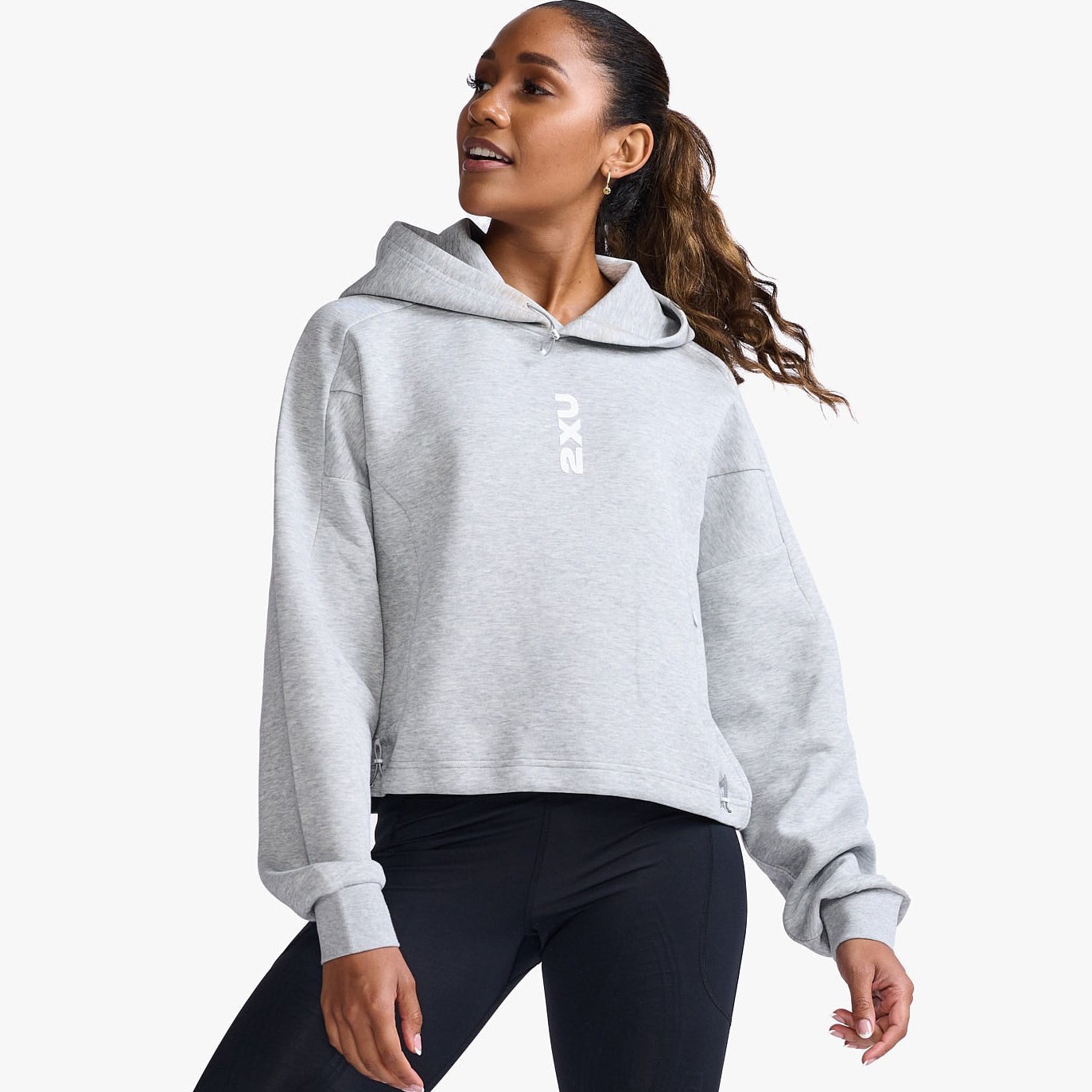 2XU Form Crop Hoodie Womens APPAREL - Womens Hoody GREY MARLE/ WHITE